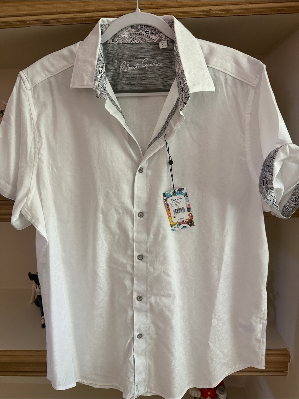 Robert Graham White Short-Sleeve Button-Down with Patterned Trim